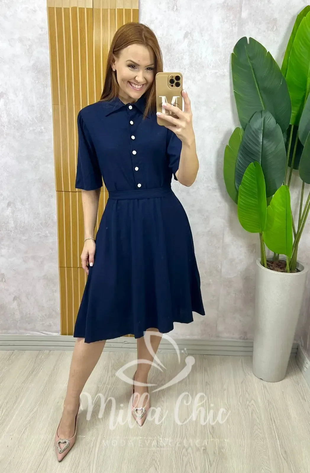Vestido Chemise Verônica Em Linho – Azul Marinho