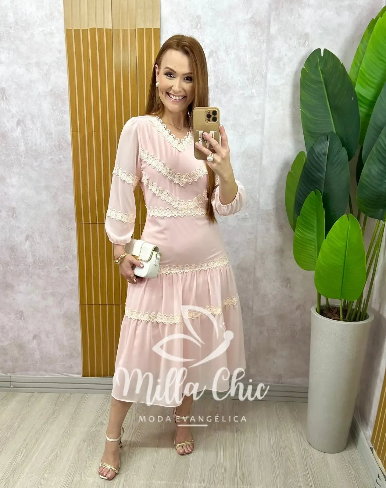 Vestido Fabiane em chiffon – Rosa Pó