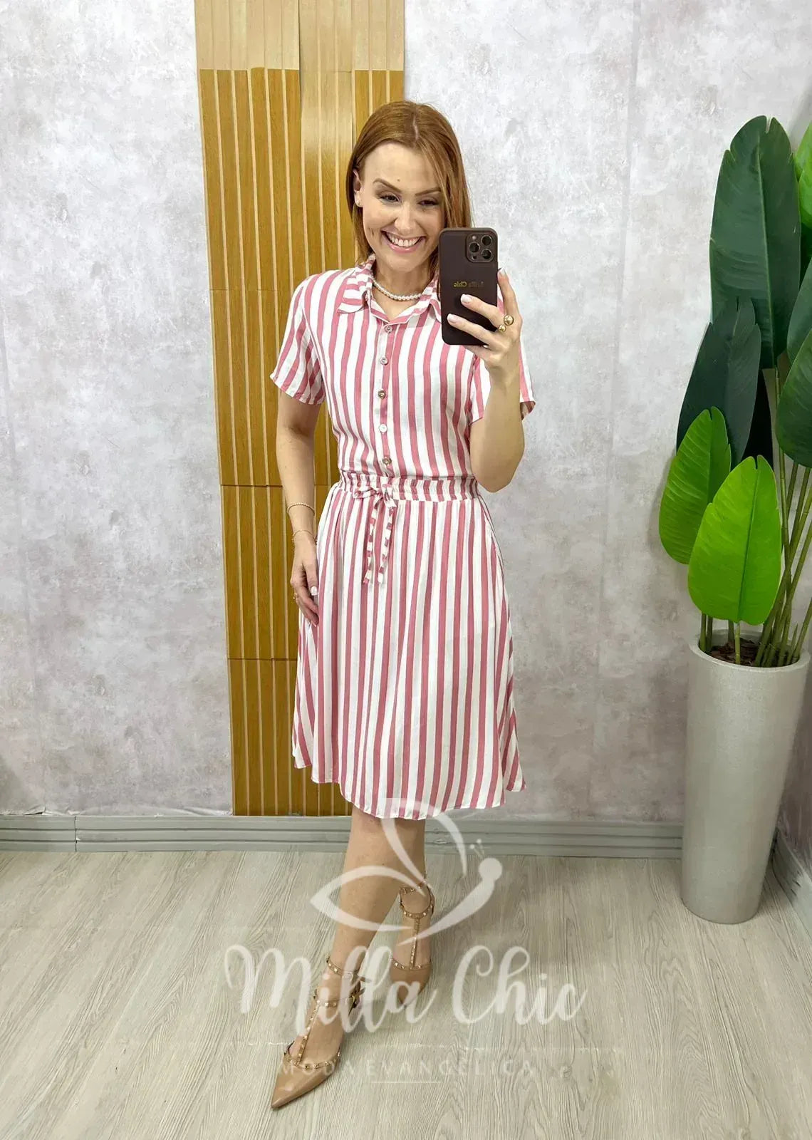 Conjunto Helô Em Viscolinho Listrado – Rosa