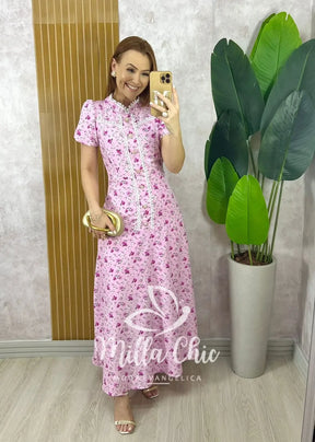Vestido Algarve em Alfaiataria Estampado – Rosa Singelo