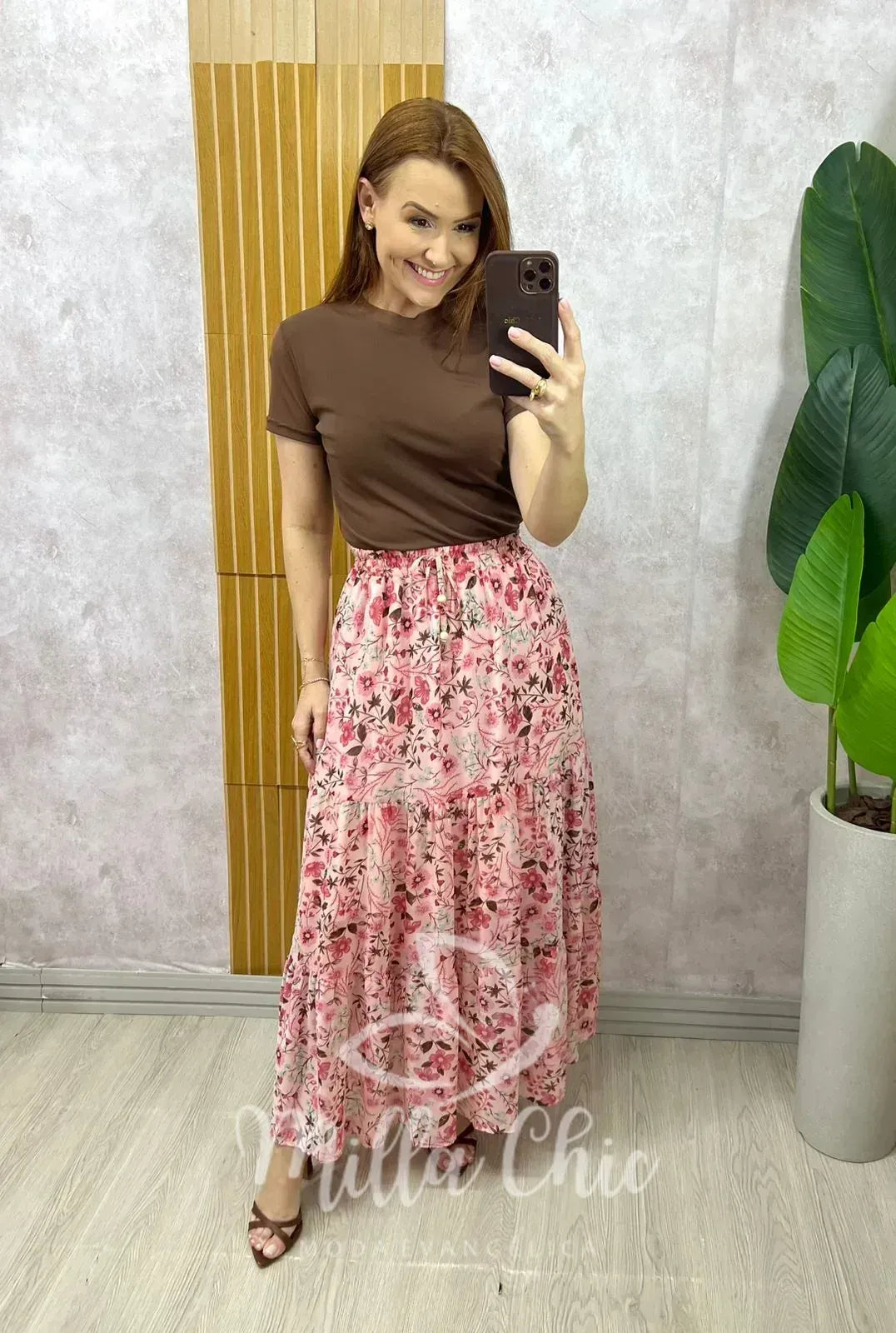 Saia Longa Amélia em chiffon – Rosa