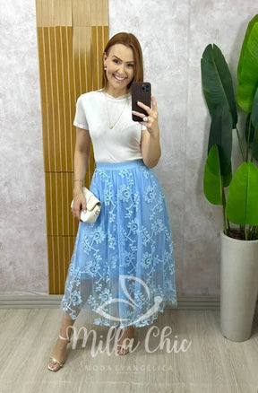 Saia Celina Em Tule Bordado – Azul