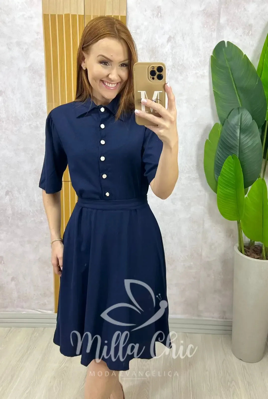 Vestido Chemise Verônica Em Linho – Azul Marinho