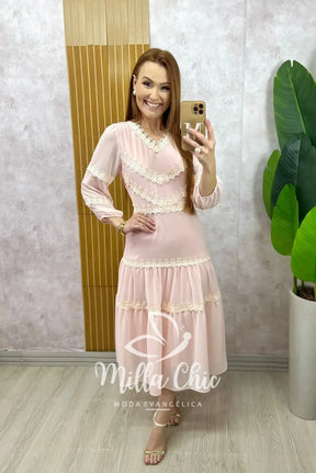 Vestido Fabiane em chiffon – Rosa Pó