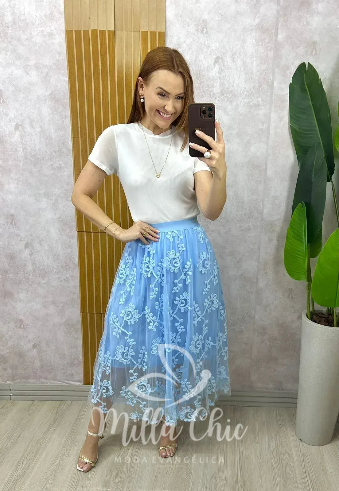 Saia Celina Em Tule Bordado – Azul