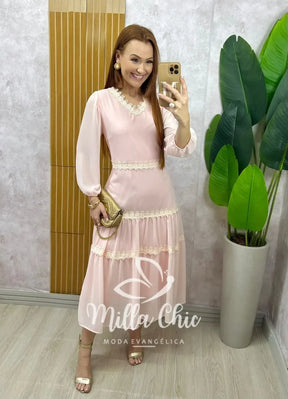 Vestido Fabiane em chiffon – Rosa delicate