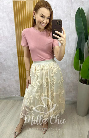 Saia Celina Em Tule Bordado – Creme