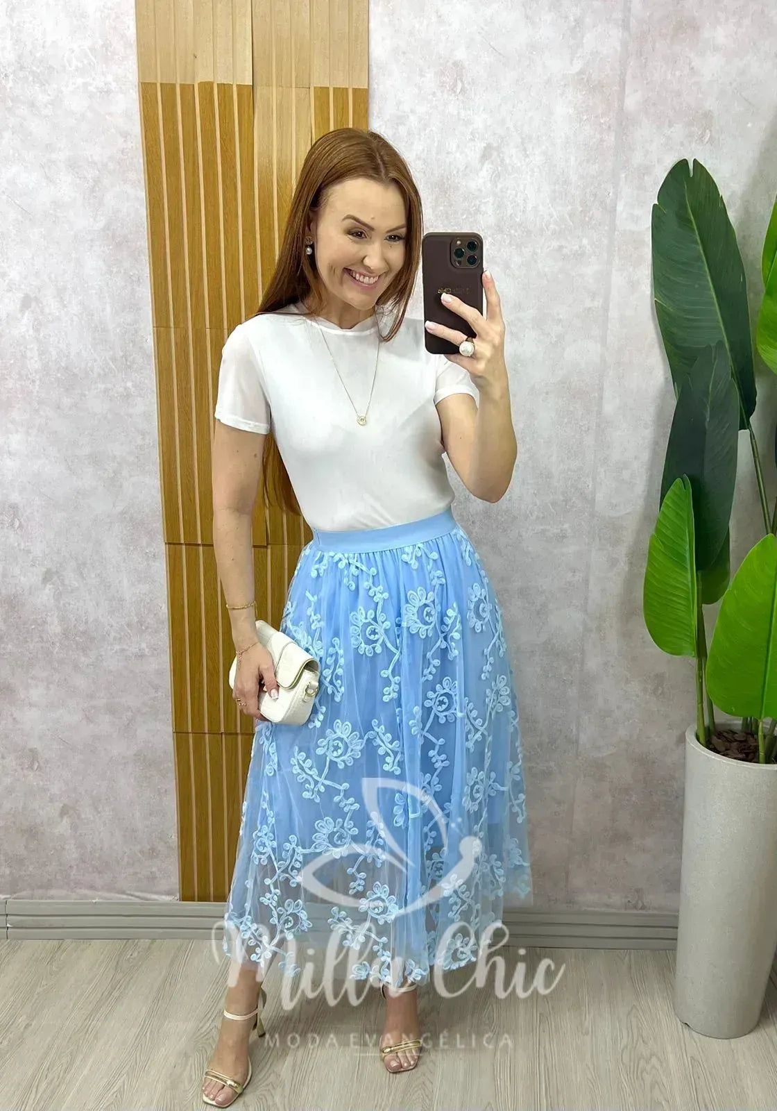 Saia Celina Em Tule Bordado – Azul