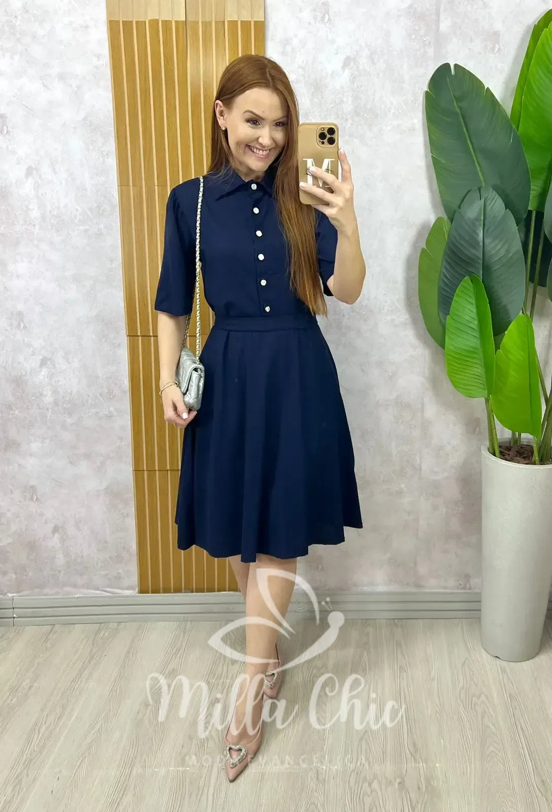 Vestido Chemise Verônica Em Linho – Azul Marinho