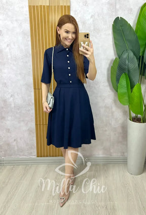 Vestido Chemise Verônica Em Linho – Azul Marinho