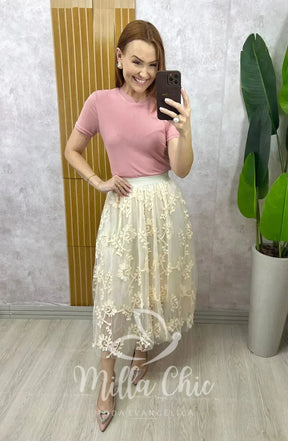 Saia Celina Em Tule Bordado – Creme