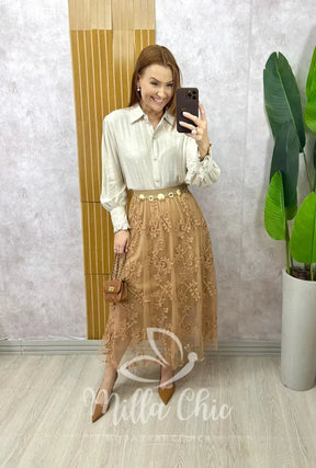 Saia Celina Em Tule Bordado – Bege
