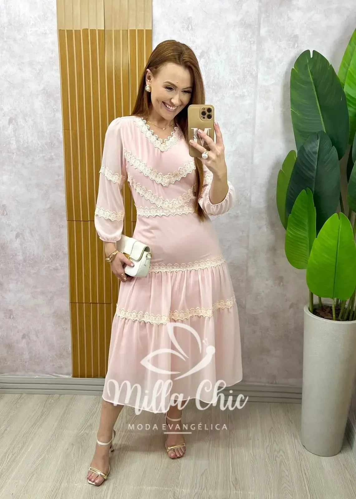 Vestido Fabiane em chiffon – Rosa Pó