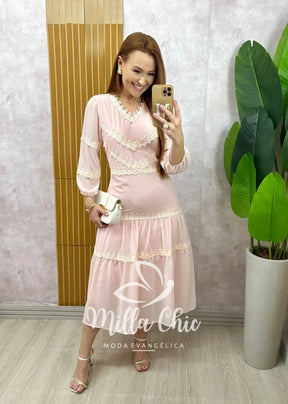 Vestido Fabiane em chiffon – Rosa Pó
