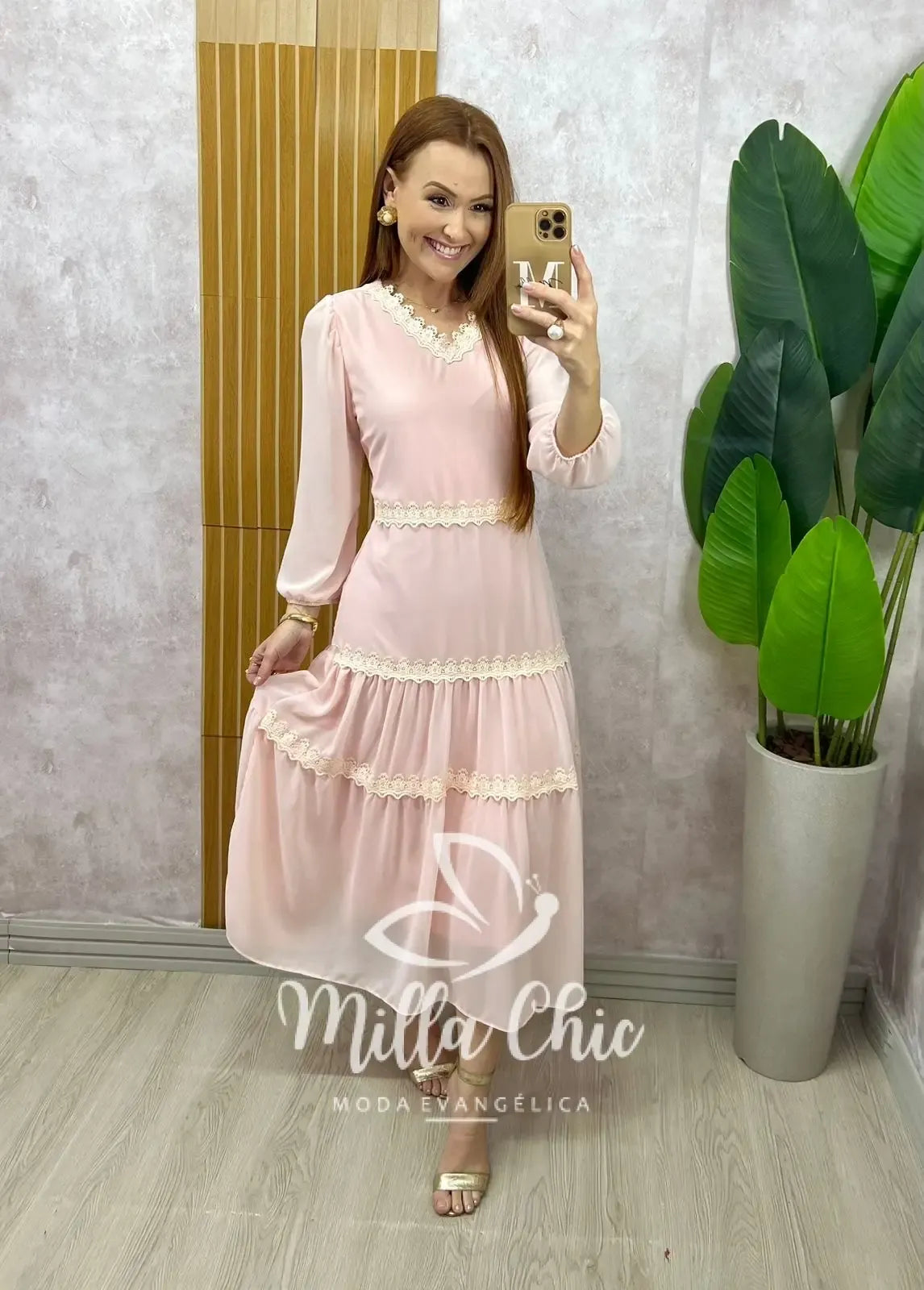 Vestido Fabiane em chiffon – Rosa delicate
