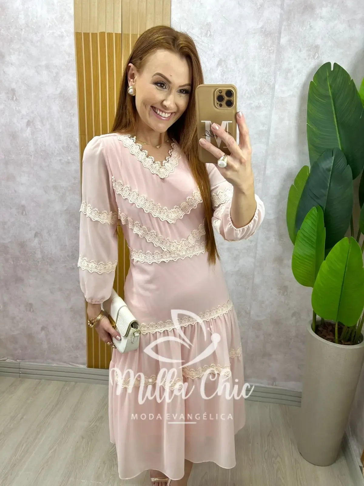 Vestido Fabiane em chiffon – Rosa Pó