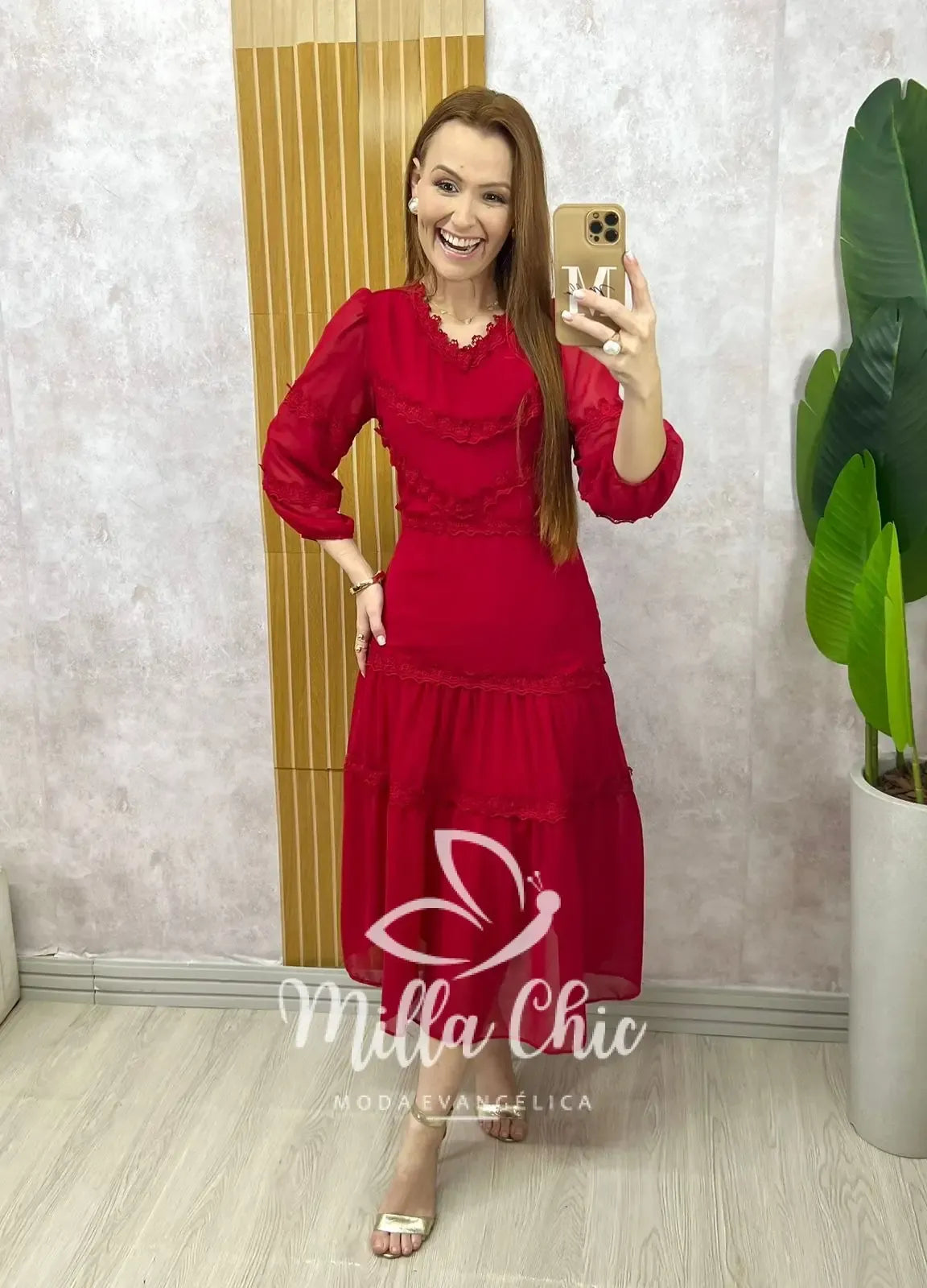 Vestido Fabiane em chiffon – Cereja