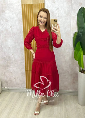 Vestido Fabiane em chiffon – Cereja
