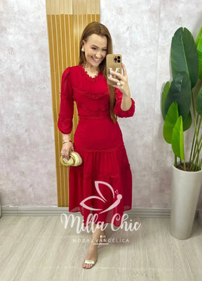 Vestido Fabiane em chiffon – Cereja