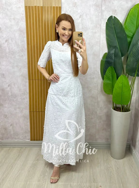 Vestido Longo Carolina em Lesie bordada – Branco