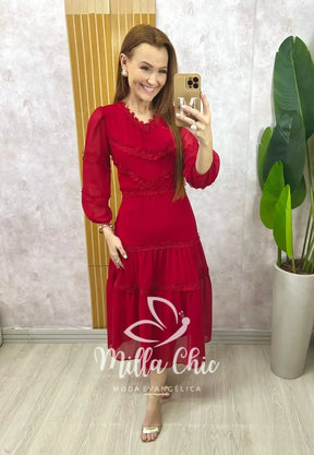 Vestido Fabiane em chiffon – Cereja