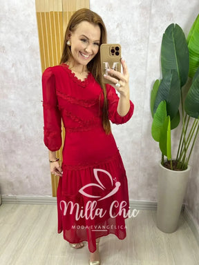 Vestido Fabiane em chiffon – Cereja